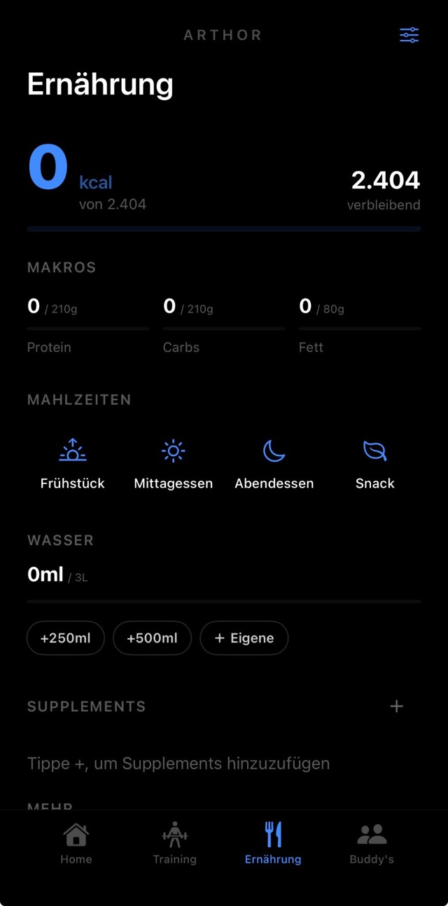 Arthor: Ernährungs-Tab mit Kalorien, Makros und Wasser