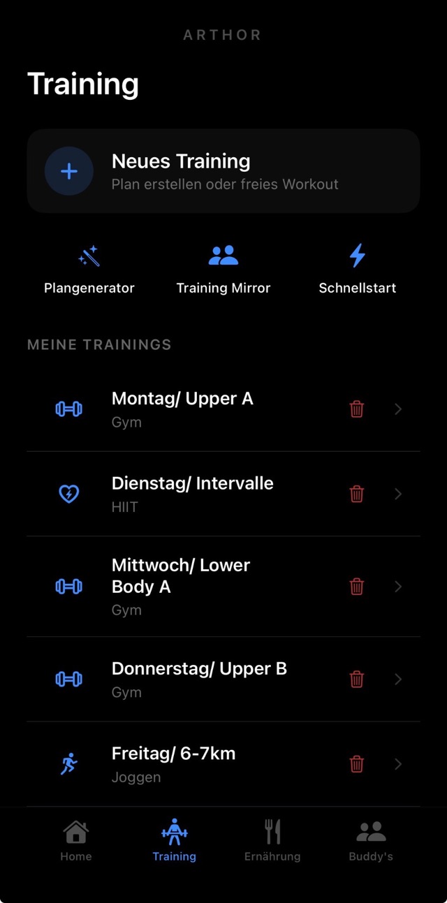 Arthor: Training-Tab mit KI-Plangenerator und Trainingsplänen