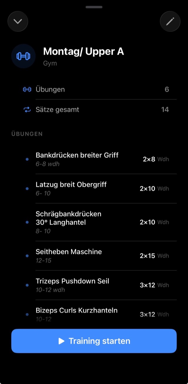 Arthor: Workout-Detail mit Übungen und Sätzen